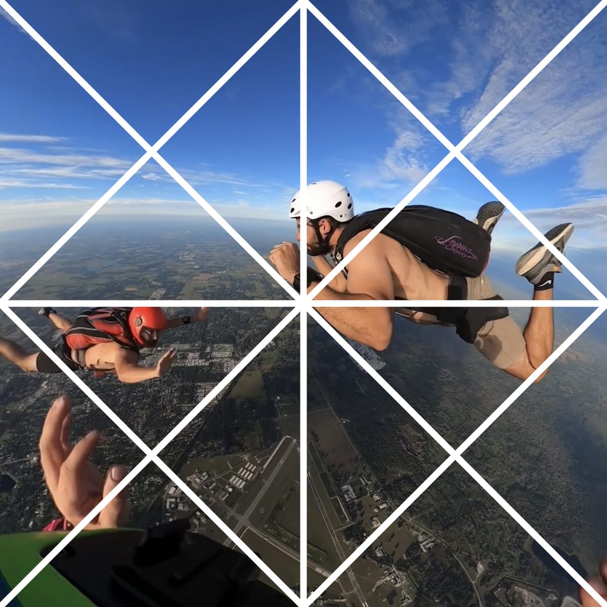 A photo of skydivers overlaid with a triangular tessellation: a 2 by 2 grid of squares, each split into four triangles.