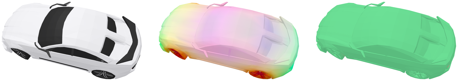 White car: rendering, joint PCA features, all-green coverage mask